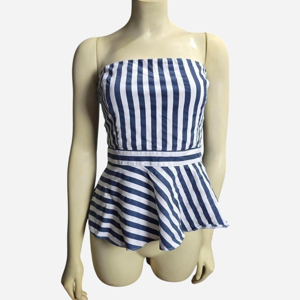 VICI Strapless Blue White Striped Peplum Top Large